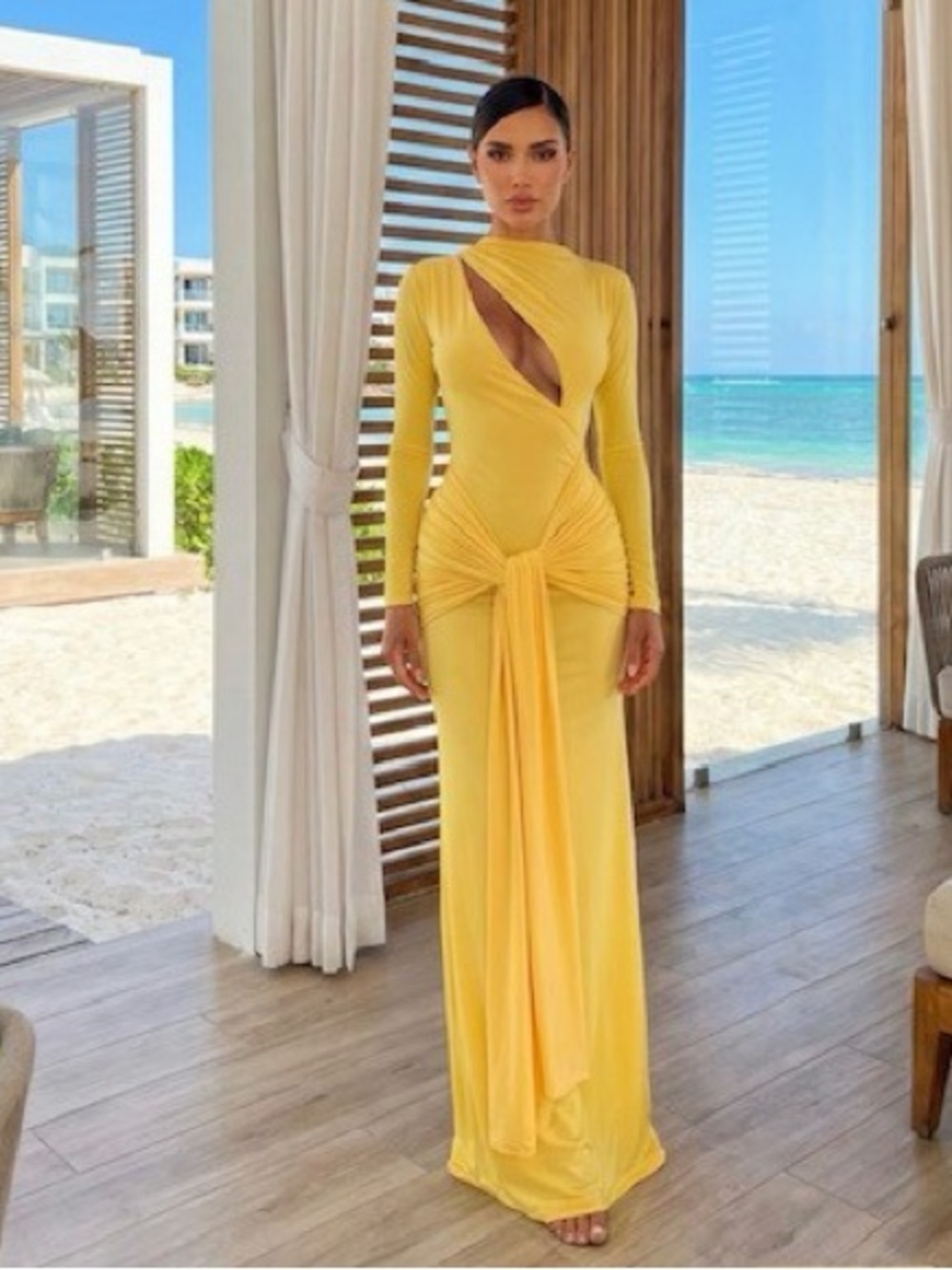 Yellow Long Sleeve Cutout Draped Evening Dress